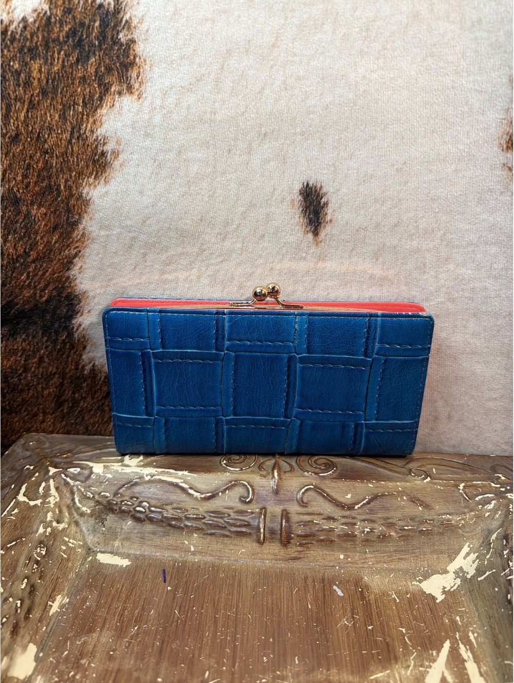 Vintage Blue and Coral Faux Leather Wallet with Floral Interior